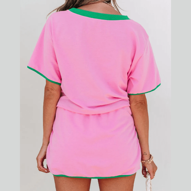 Jolena Pink Colorblock Edge Drop Shoulder T Shirt and Skort 2Pcs Set