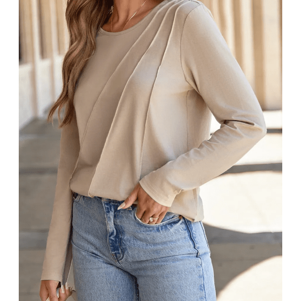 Indy Parchment Asymmetric Seam Detail Solid Color Long Sleeve Top