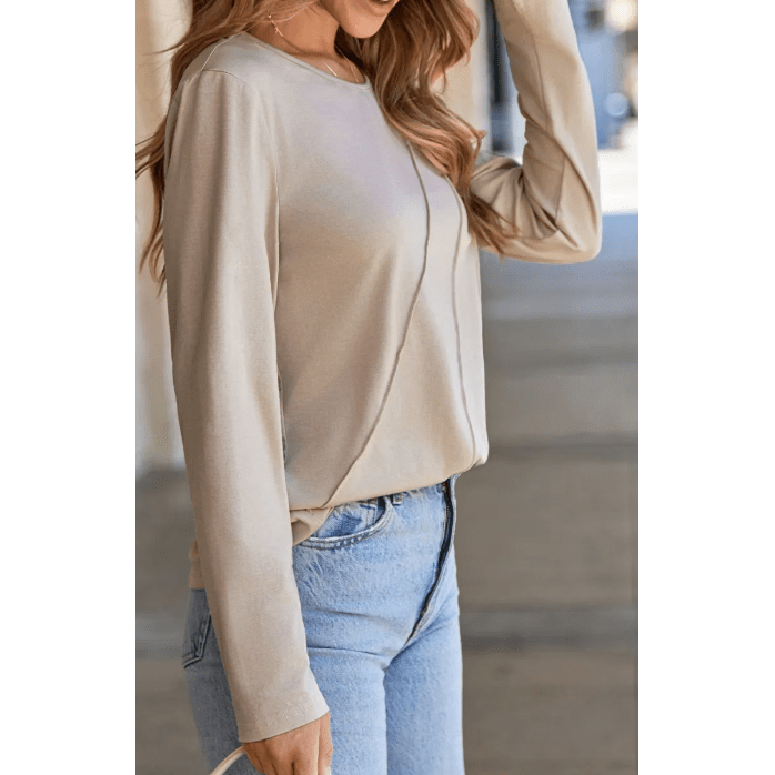 Indy Parchment Asymmetric Seam Detail Solid Color Long Sleeve Top