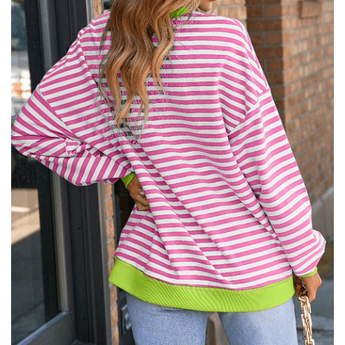 Adilynn Light Pink Stripe Contrast Ribbed Trim Crossed Stitch Drop Shoulder Sweatshirt