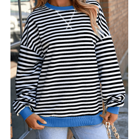 Adilynn Black Stripe Contrast Ribbed Trim Crossed Stitch Drop Shoulder Sweatshirt