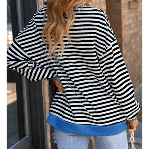 Adilynn Black Stripe Contrast Ribbed Trim Crossed Stitch Drop Shoulder Sweatshirt
