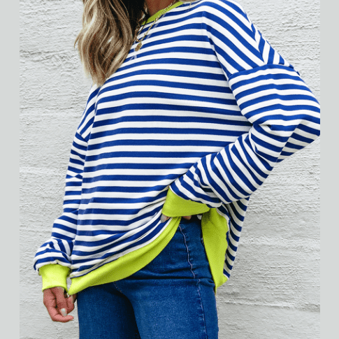 Adilynn Blue Stripe Contrast Ribbed Trim Crossed Stitch Drop Shoulder Sweatshirt