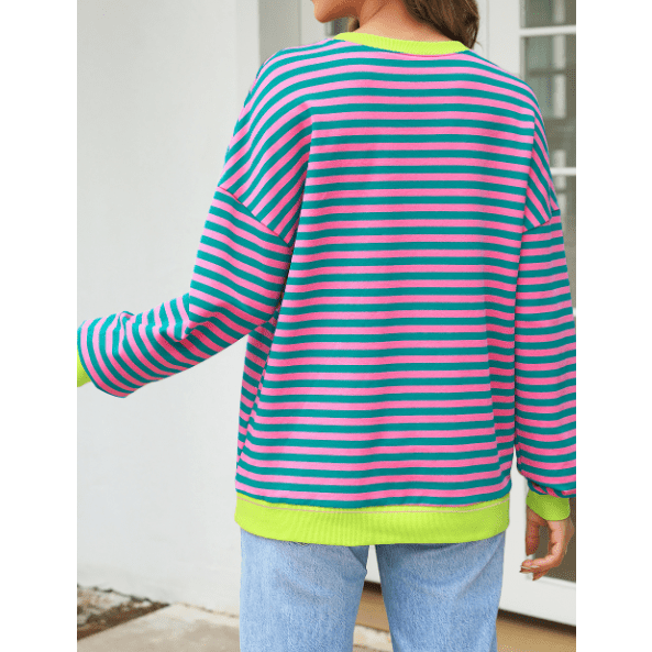Adilynn Pink/Green Stripe Contrast Ribbed Trim Crossed Stitch Drop Shoulder Sweatshirt