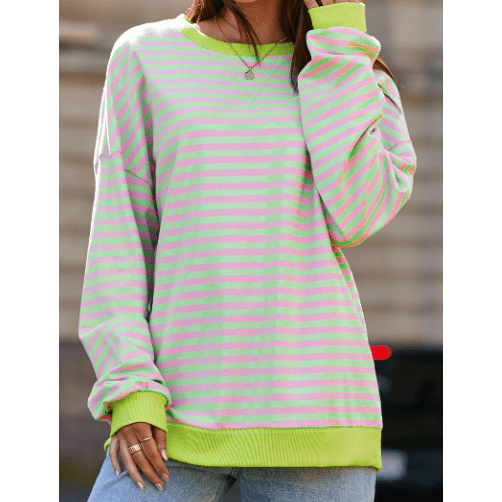 Adilynn Light Pink/Lime Green Stripe Contrast Ribbed Trim Crossed Stitch Drop Shoulder Sweatshirt