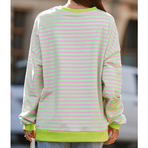 Adilynn Light Pink/Lime Green Stripe Contrast Ribbed Trim Crossed Stitch Drop Shoulder Sweatshirt