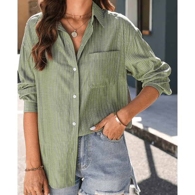 Taphy Green Stripe Button Up Oversized Casual Shirt
