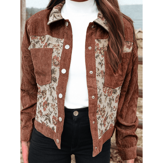 Josie Clay Brown Ribbed Retro Floral Patchwork Shirt Style Jacket