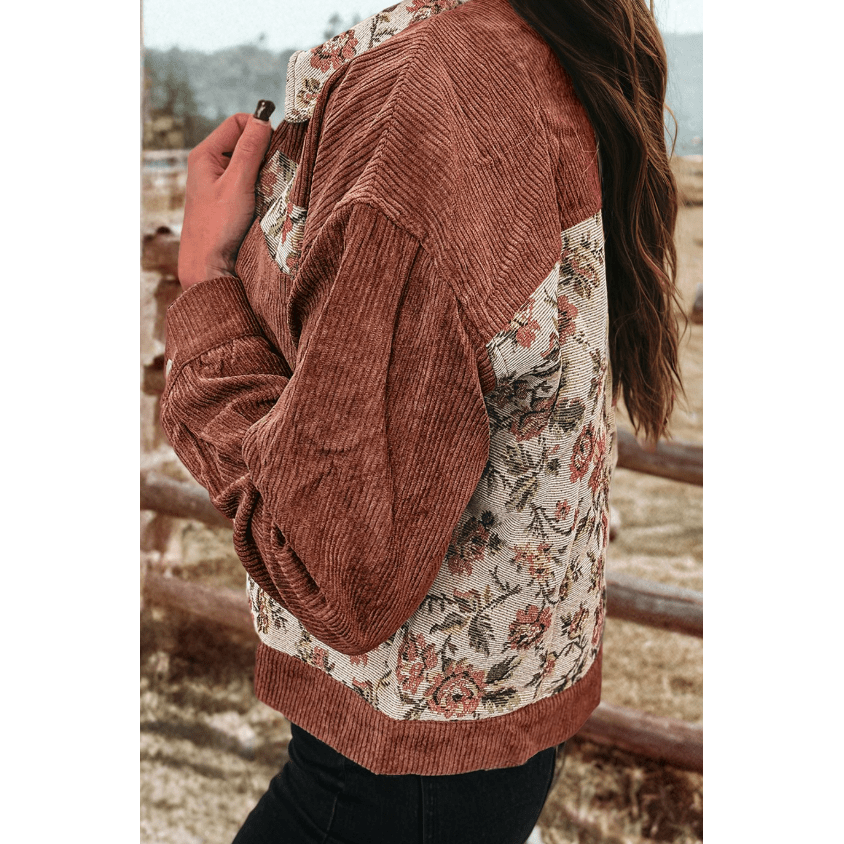 Josie Clay Brown Ribbed Retro Floral Patchwork Shirt Style Jacket