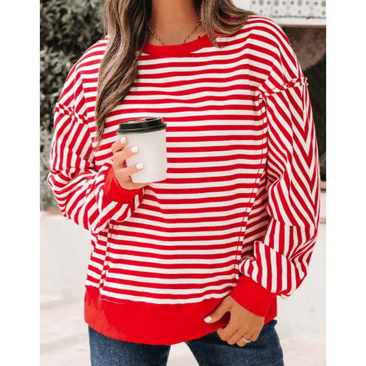 Miley Red Stripe Exposed Seam Drop Shoulder Casual Pullover Top