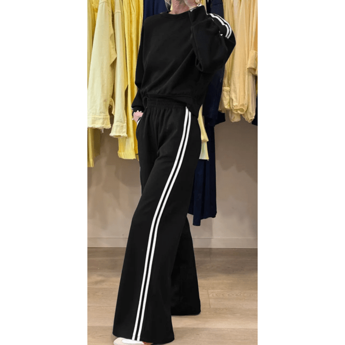 Black Varsity Striped Detail Crewneck Pullover Elastic Sweatpants 2pcs Outfit