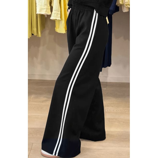 Black Varsity Striped Detail Crewneck Pullover Elastic Sweatpants 2pcs Outfit