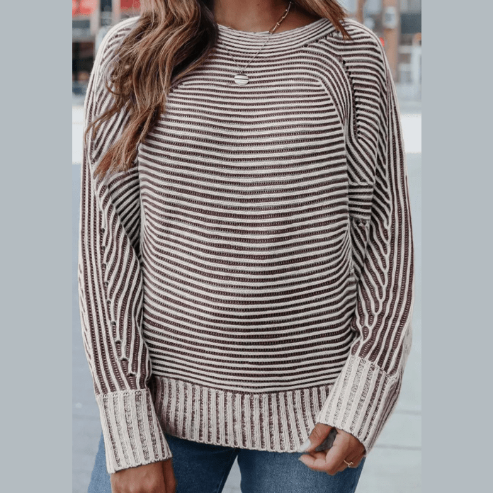 Cari Coffee Striped Print Ribbed Knit Boat Neck Baggy Sweater