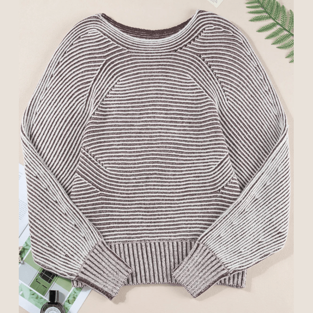 Cari Coffee Striped Print Ribbed Knit Boat Neck Baggy Sweater