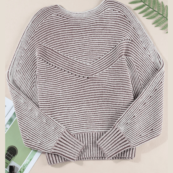 Cari Coffee Striped Print Ribbed Knit Boat Neck Baggy Sweater