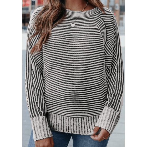 Cari Black Striped Print Ribbed Knit Boat Neck Baggy Sweater