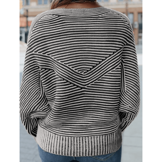 Cari Black Striped Print Ribbed Knit Boat Neck Baggy Sweater