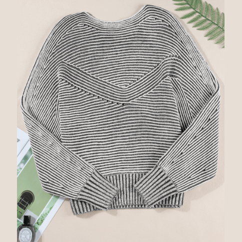 Cari Black Striped Print Ribbed Knit Boat Neck Baggy Sweater