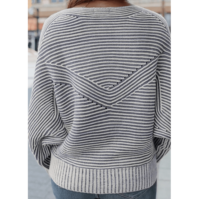 Cari Blue Striped Print Ribbed Knit Boat Neck Baggy Sweater