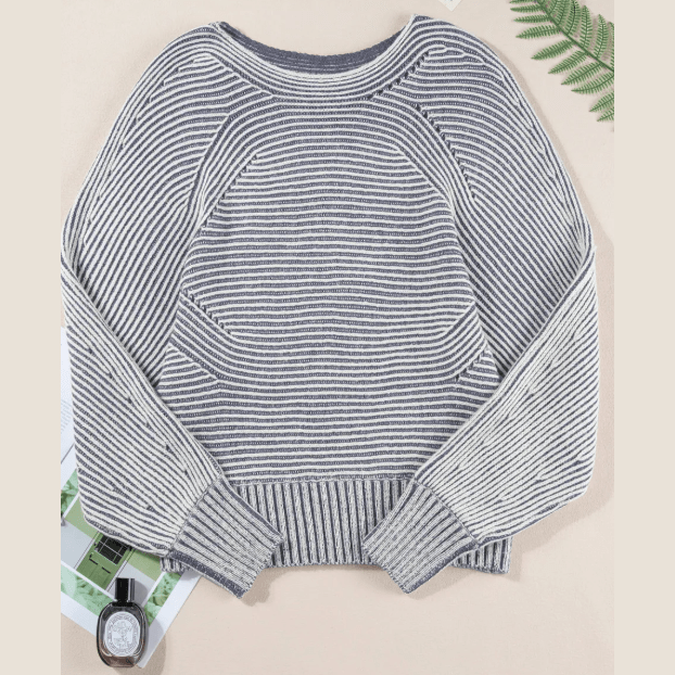 Cari Blue Striped Print Ribbed Knit Boat Neck Baggy Sweater