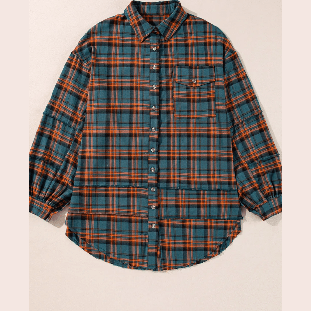 Jaynie Green Plaid Long Sleeve Side Split Distressed Hem Shirt