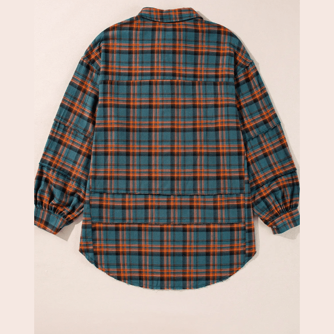 Jaynie Green Plaid Long Sleeve Side Split Distressed Hem Shirt