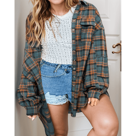 Jaynie Green Plaid Long Sleeve Side Split Distressed Hem Shirt
