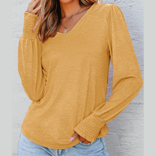 Jaycee Yellow Shirred Shoulder Frilled Cuffs Long Sleeve Top