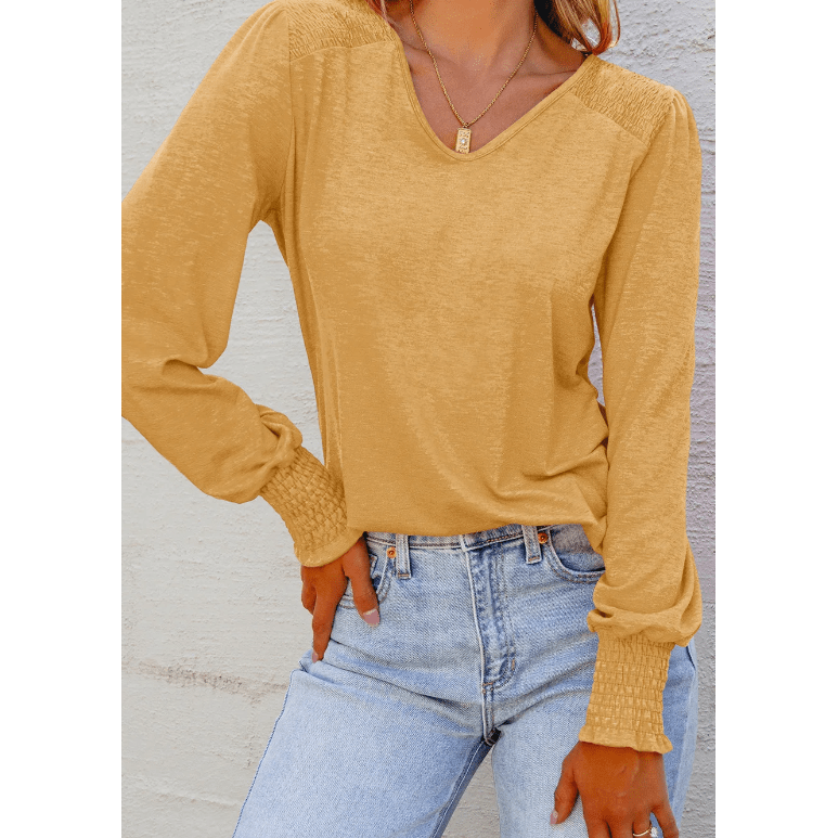 Jaycee Yellow Shirred Shoulder Frilled Cuffs Long Sleeve Top
