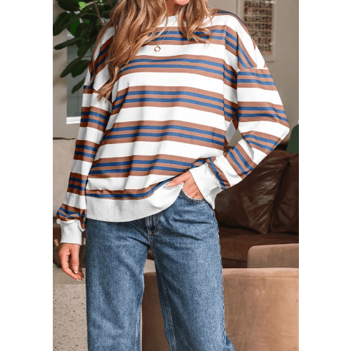 Arlynn Brown Stripe Crew Neck Drop Shoulder Pullover Sweatshirt