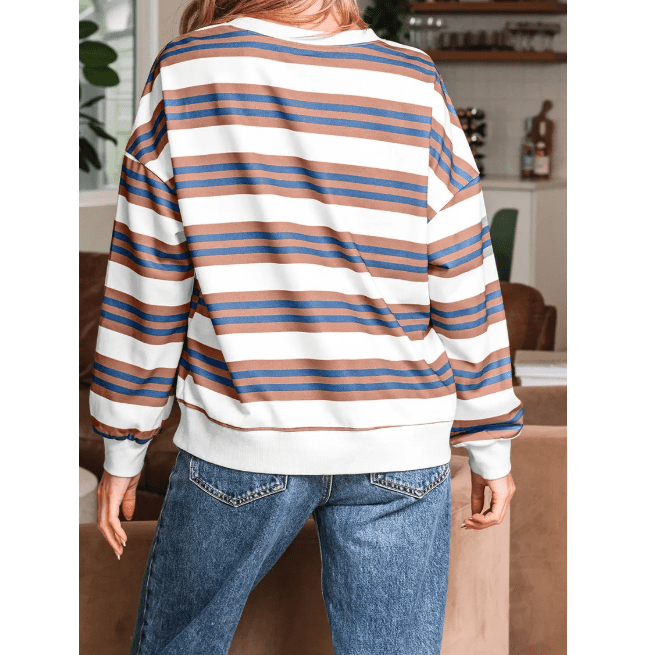 Arlynn Brown Stripe Crew Neck Drop Shoulder Pullover Sweatshirt
