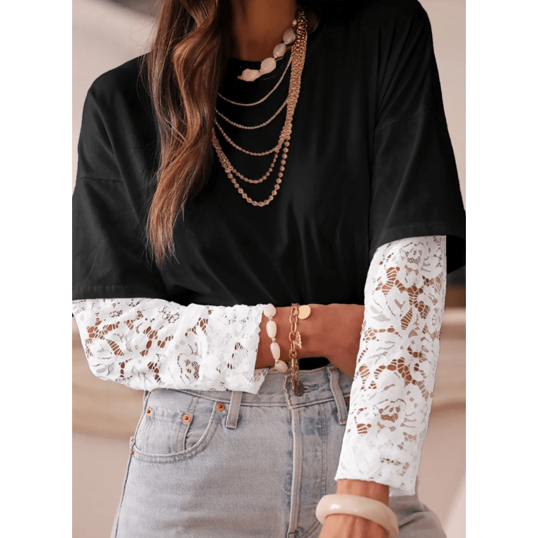 Roselle Black Lace Long Sleeve Insert Drop Shoulder Tee