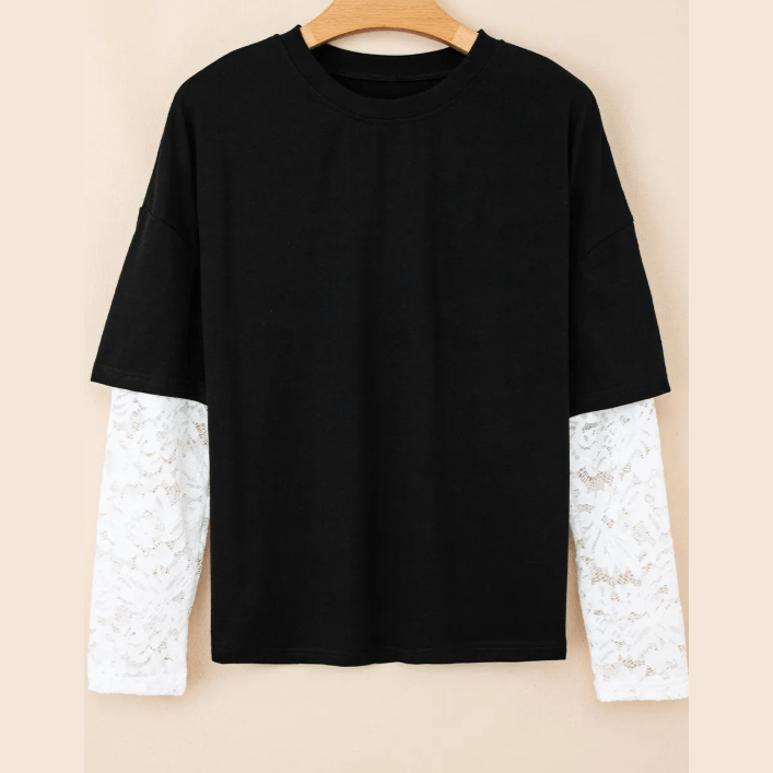 Roselle Black Lace Long Sleeve Insert Drop Shoulder Tee