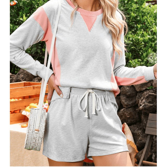 Cari Light Grey Color Block Raw Hem Pullover and Casual Shorts Set