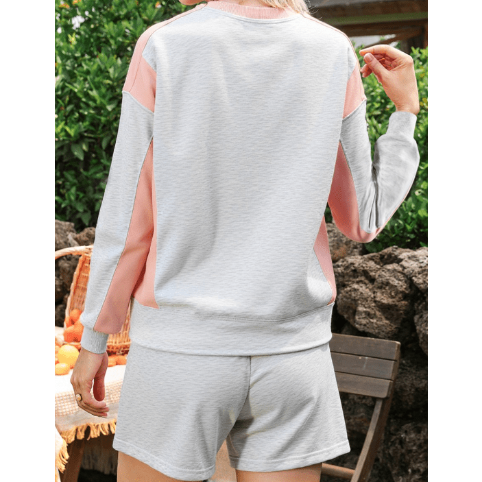 Cari Light Grey Color Block Raw Hem Pullover and Casual Shorts Set