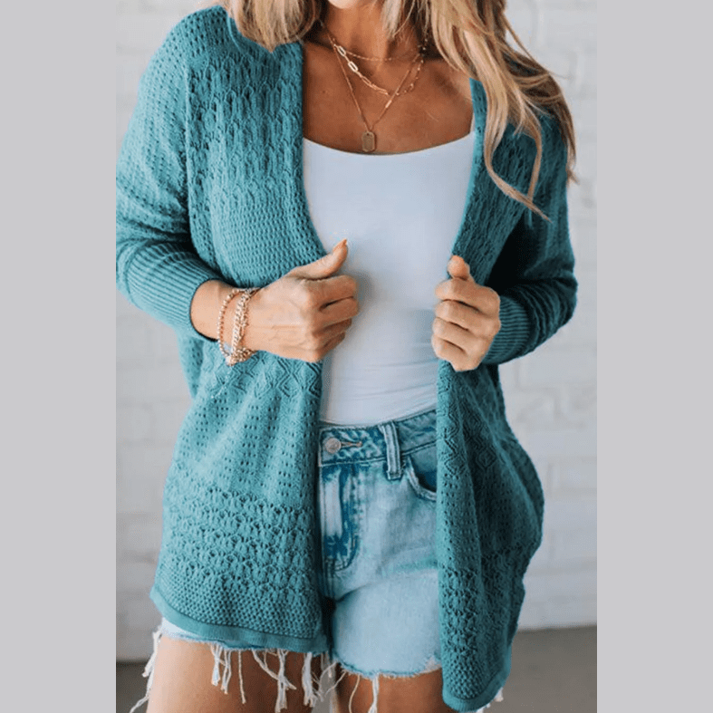 Briella Blue Mix Pattern Hollowed Knit Open Front Cardigan