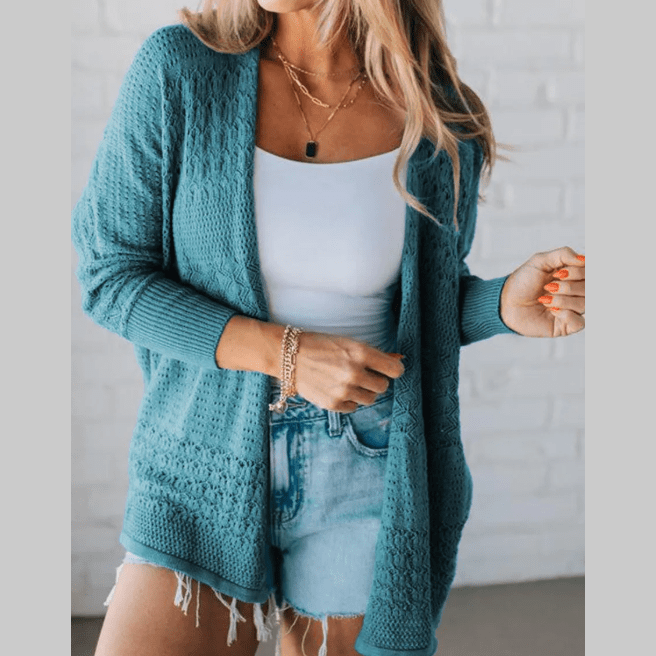 Briella Blue Mix Pattern Hollowed Knit Open Front Cardigan