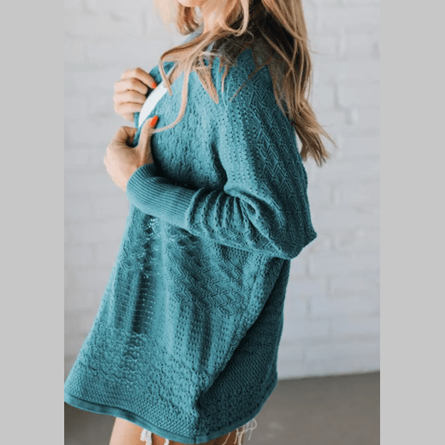 Briella Blue Mix Pattern Hollowed Knit Open Front Cardigan