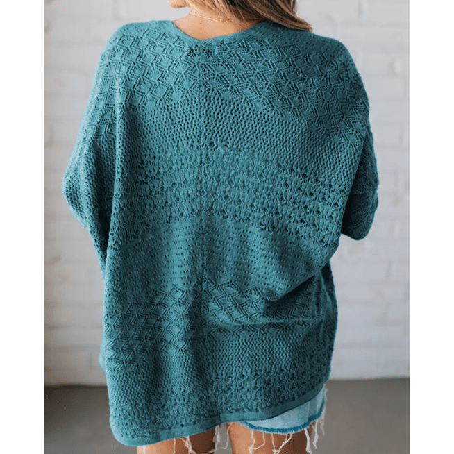 Briella Blue Mix Pattern Hollowed Knit Open Front Cardigan
