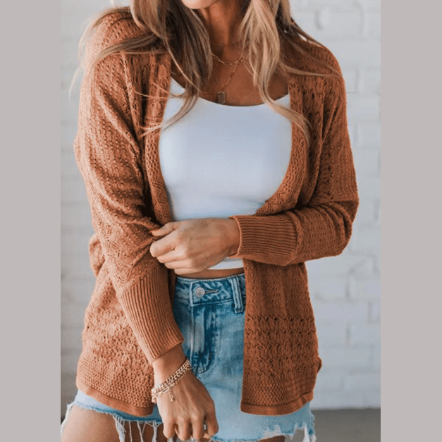 Briella Brown Mix Pattern Hollowed Knit Open Front Cardigan