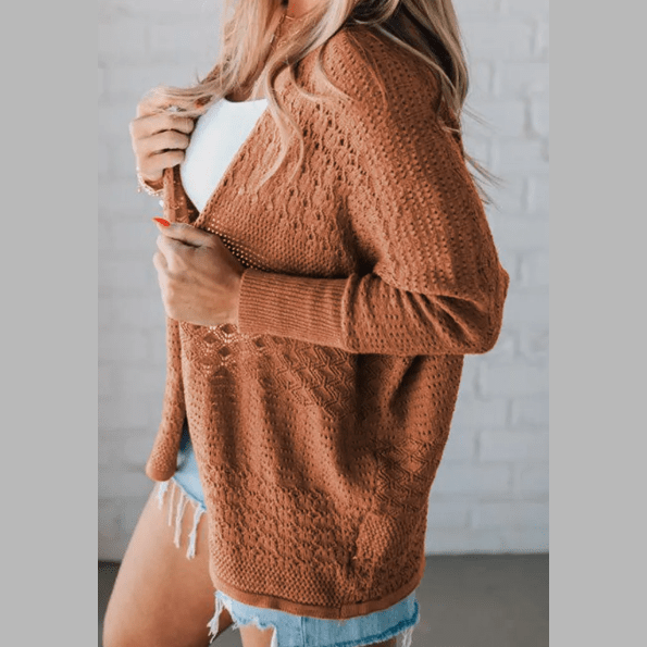 Briella Brown Mix Pattern Hollowed Knit Open Front Cardigan
