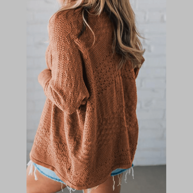 Briella Brown Mix Pattern Hollowed Knit Open Front Cardigan