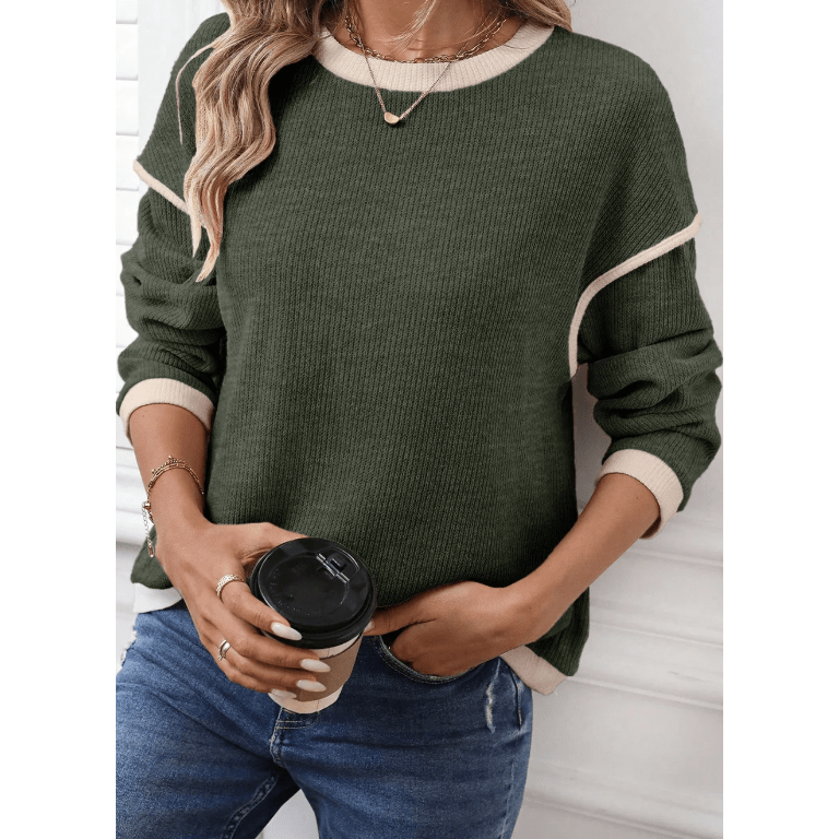 Dayten Green Contrast Color Trim Knit Drop Shoulder Loose Top