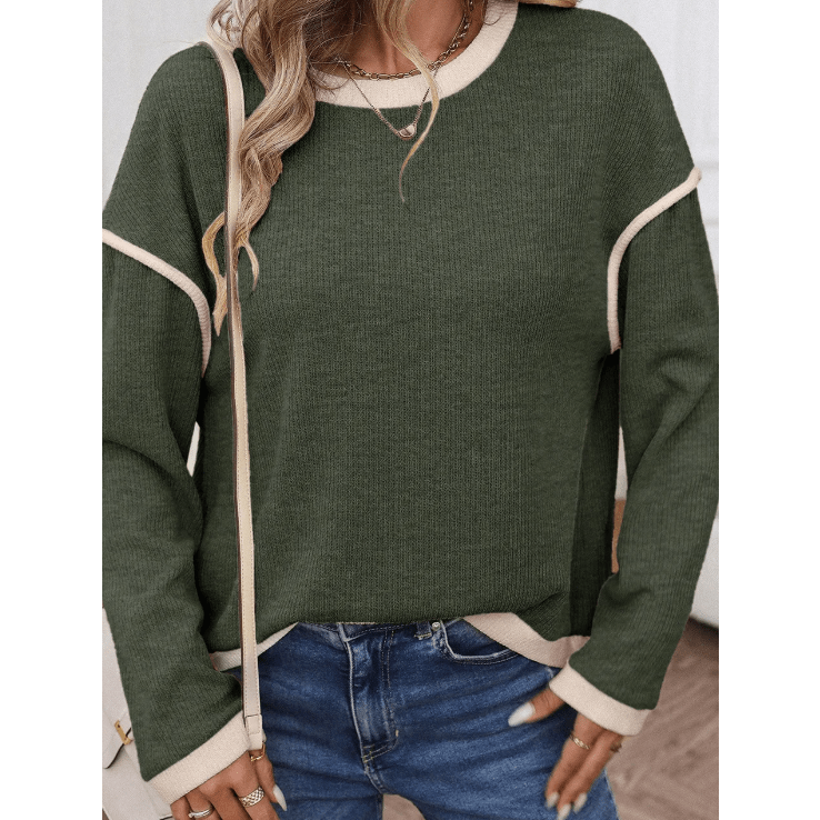 Dayten Green Contrast Color Trim Knit Drop Shoulder Loose Top