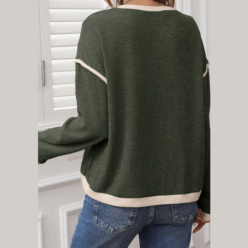Dayten Green Contrast Color Trim Knit Drop Shoulder Loose Top