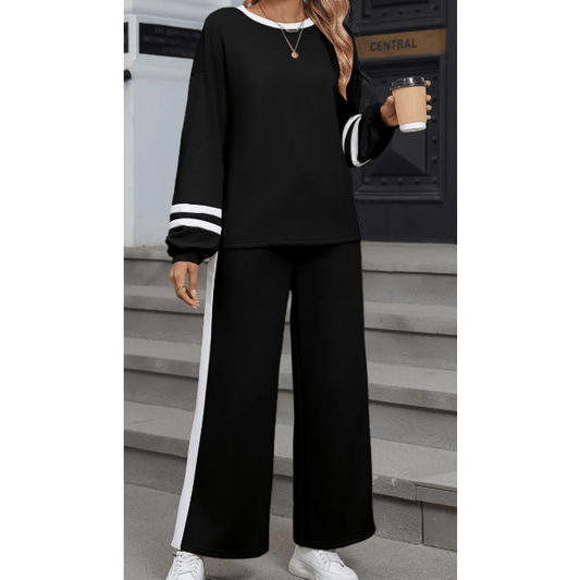 Lassie Black Varsity Stripe Patchwork Puff Sleeve Pullover Drawstring Wide Leg Pant Set