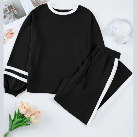 Lassie Black Varsity Stripe Patchwork Puff Sleeve Pullover Drawstring Wide Leg Pant Set