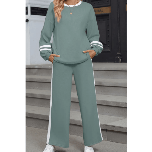 Lassie Green Varsity Stripe Patchwork Puff Sleeve Pullover Drawstring Wide Leg Pant Set