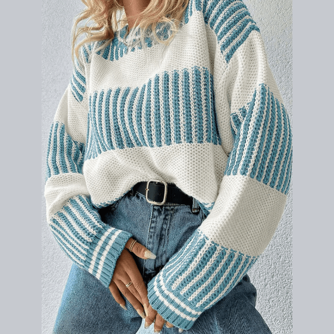 Alexee Blue Two Tone Striped Patchwork Drop Shoulder Loose Sweater