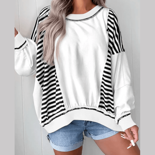 Mabry Black Stripe Colorblock Patchwork Contrast Stitching Oversize Sweatshirt